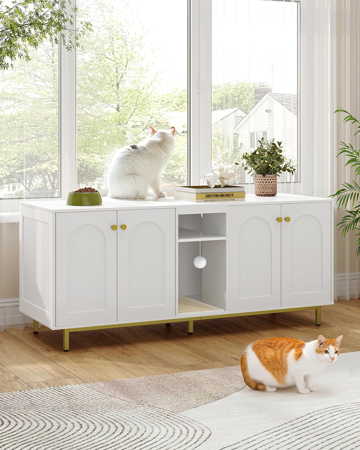 Meuble Litiere pour 2 Chats, Maison de Toilette Chat, Maison Cachée pour Chat avec Chambres Doubles, avec Espace de Rangement, Balle en Peluche, 140 x 48 x 62 CM, Blanc et Or CB86513A