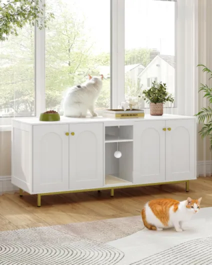 Meuble Litiere pour 2 Chats, Maison de Toilette Chat, Maison Cachée pour Chat avec Chambres Doubles, avec Espace de Rangement, Balle en Peluche, 140 x 48 x 62 CM, Blanc et Or CB86513A