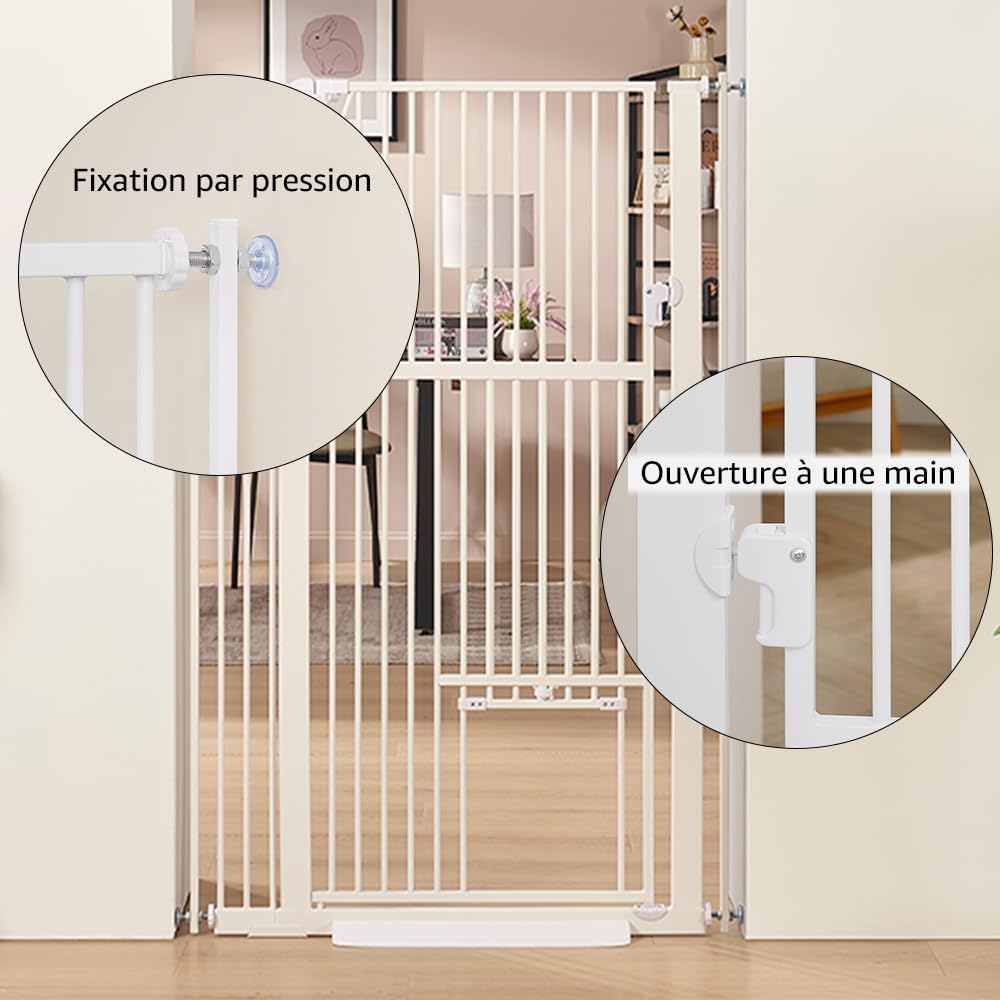 Unipaws Barrière de sécurité Extra Haute 142 cm avec chatière, pour Chien et Chat, Largeur 79–95 cm, Fixation par Pression sans perçage, pour escalier ou Porte, Fermeture Automatique, Blanc 79-95 cm Blanc