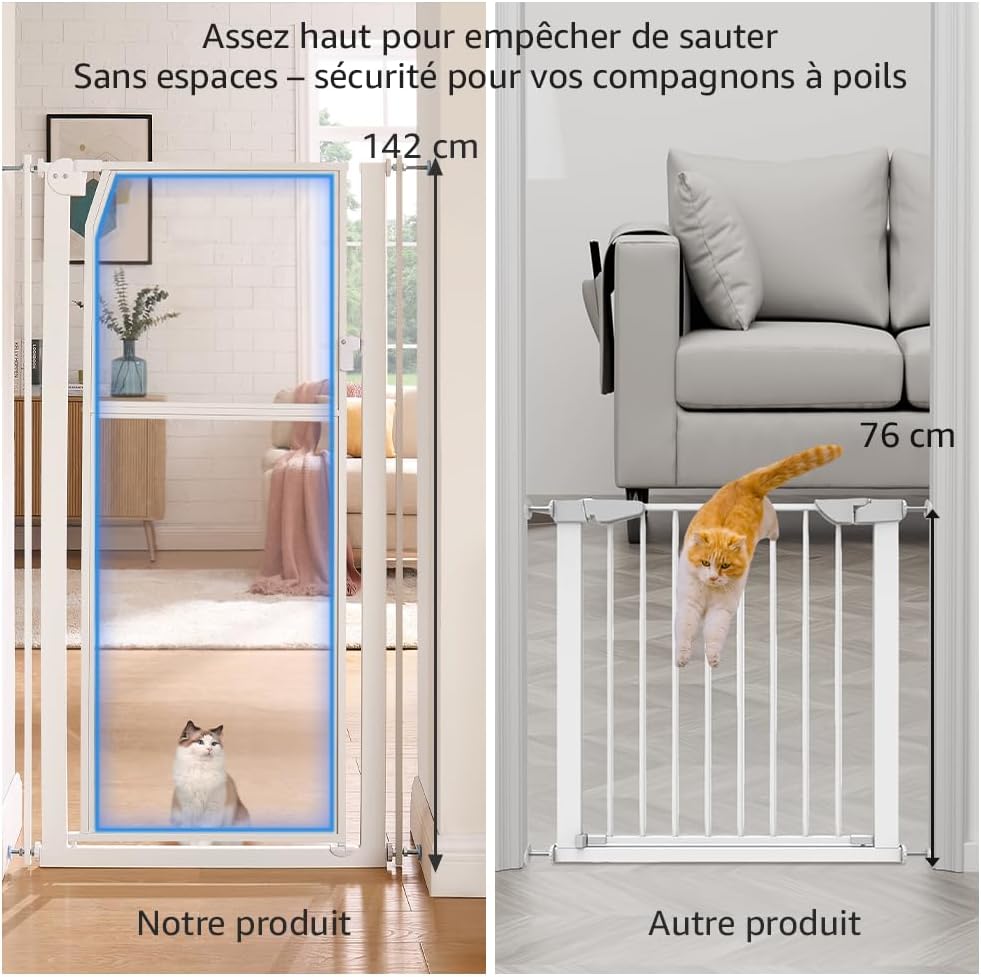 Unipaws Barrière de sécurité Transparente Extra Haute 142 cm pour Chien et Chat, Fixation par Pression sans perçage, avec Porte à Fermeture Automatique, Largeur réglable de 75 à 85 cm Blanc