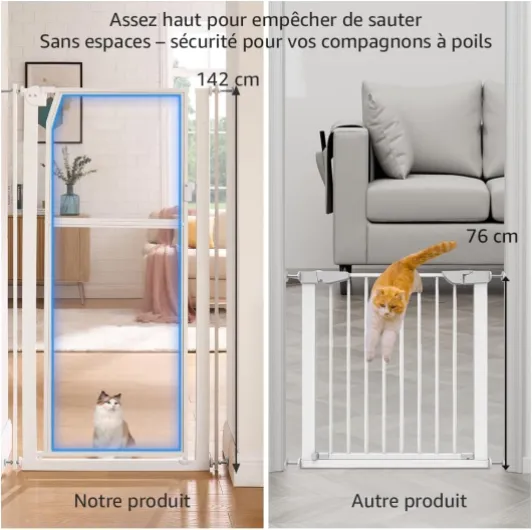 Unipaws Barrière de sécurité Transparente Extra Haute 142 cm pour Chien et Chat, Fixation par Pression sans perçage, avec Porte à Fermeture Automatique, Largeur réglable de 75 à 85 cm Blanc