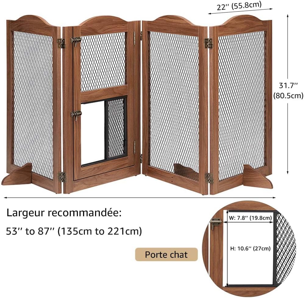 Unipaws Barrière pour animaux avec chatière et porte battante, anti-chien pour chat, métal et bois, pour portes, couloirs et escaliers, brun Noix