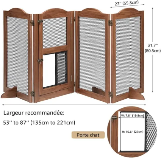 Unipaws Barrière pour animaux avec chatière et porte battante, anti-chien pour chat, métal et bois, pour portes, couloirs et escaliers, brun Noix