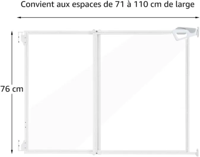 Unipaws Barrière Transparente pour Chiens et Chats sans Barre au Sol, Ouverture Double Sens à Une Main, Usage intérieur/extérieur, pour Portes et escaliers, réglable 71–110 cm, Hauteur 76 cm