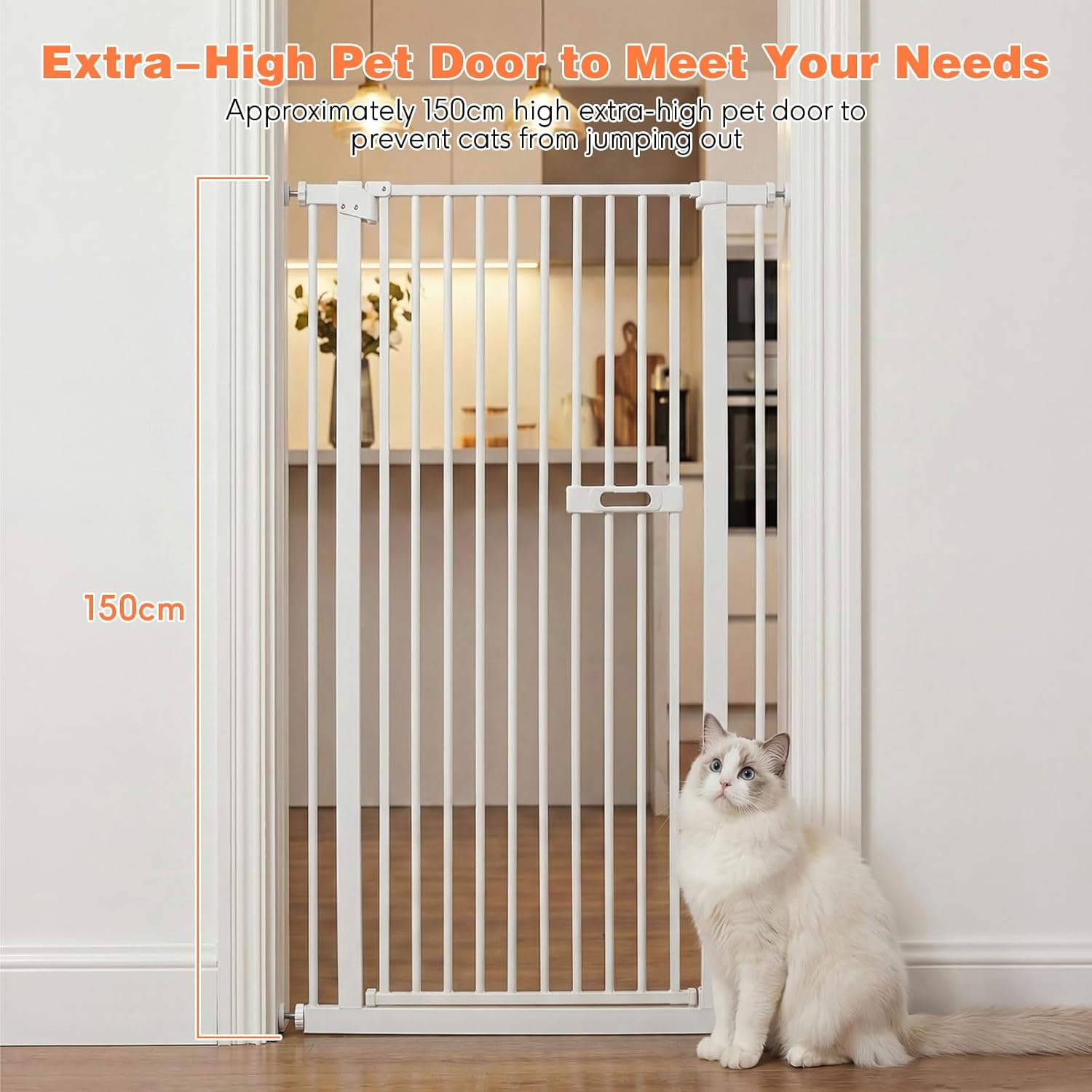 Barrière de sécurité Extra Haute, Barrière de sécurité pour Chat de 150 cm de Haut, Fermeture Automatique, sans perçage, Double Porte pour Animaux de Compagnie pour Portes, Cuisine Blanc