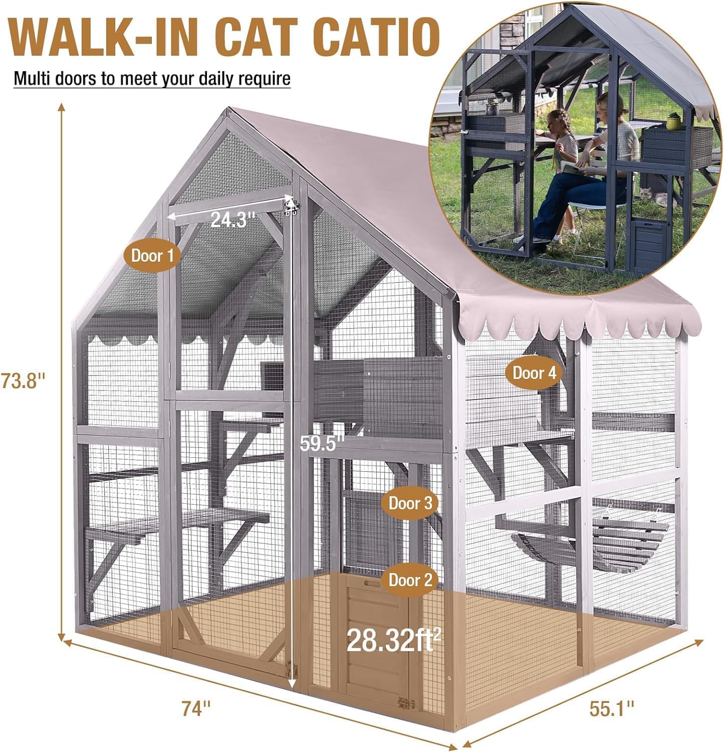 Akinerri Enclos pour chat en bois Catio Abri extérieur pour chat avec grand espace de course pour chat, abri résistant à la pluie, petit abri intérieur, ponts, toit