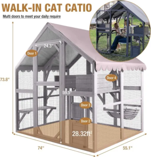 Akinerri Enclos pour chat en bois Catio Abri extérieur pour chat avec grand espace de course pour chat, abri résistant à la pluie, petit abri intérieur, ponts, toit