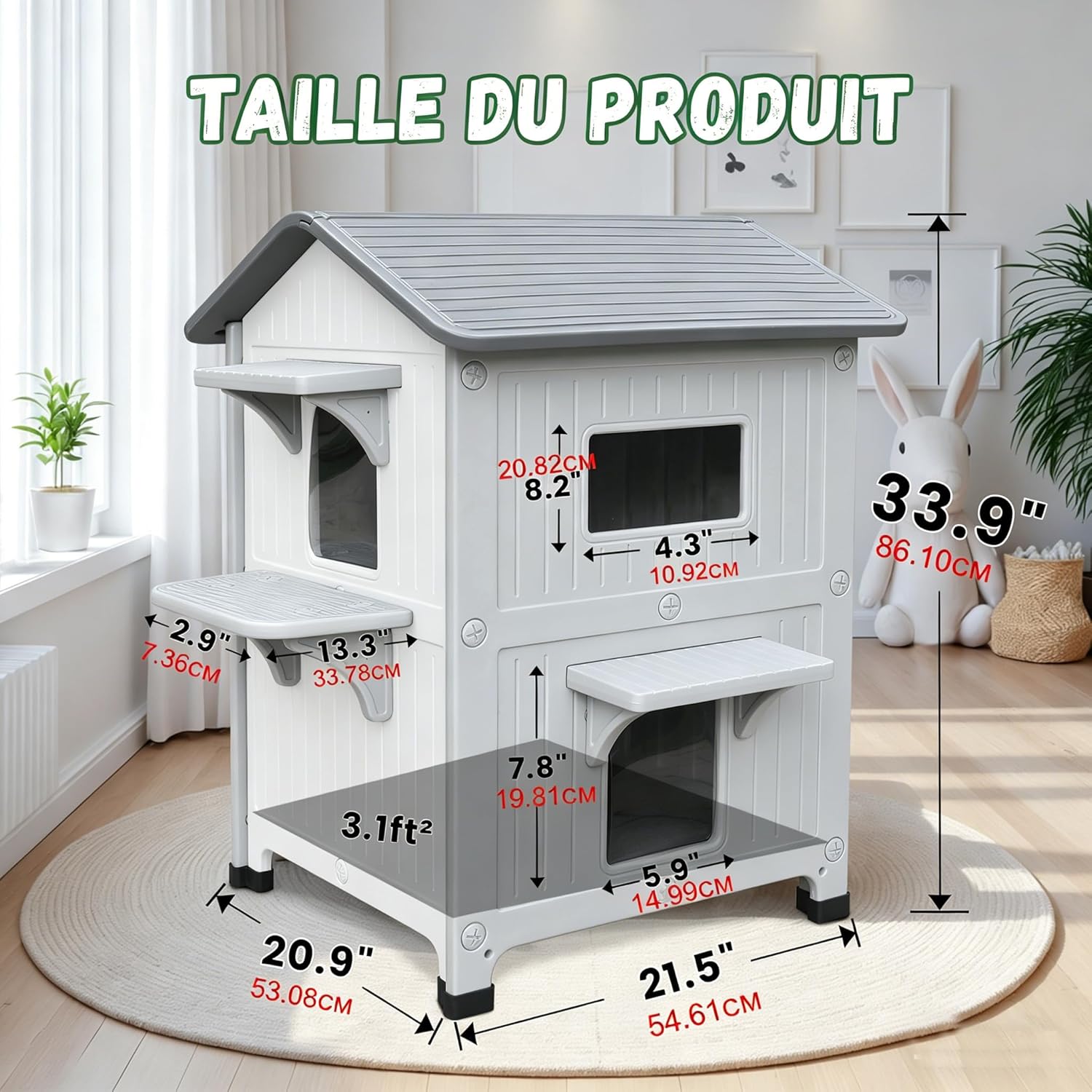 Niche pour chat extérieur à deux étages avec balcon, lit pour chat à deux étages en plastique résistant aux intempéries, abri pour chat sauvage avec porte d'évacuation - blanc