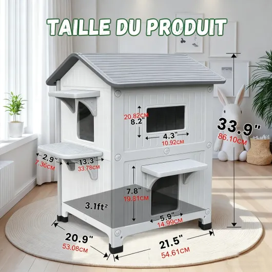 Niche pour chat extérieur à deux étages avec balcon, lit pour chat à deux étages en plastique résistant aux intempéries, abri pour chat sauvage avec porte d'évacuation - blanc
