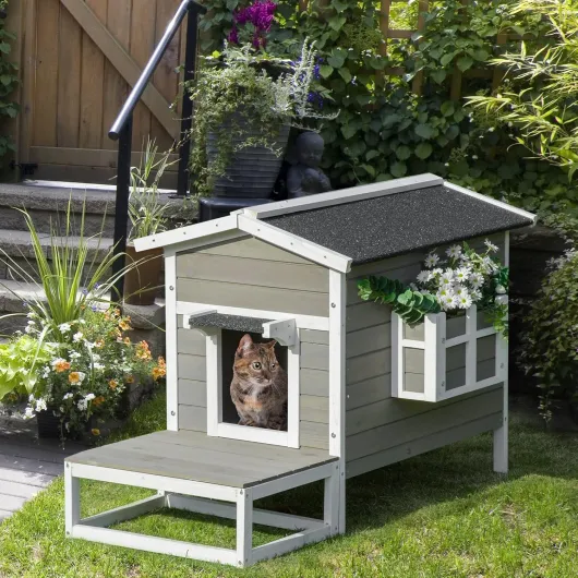 Maisonnette pour Chats Niche extérieure surélevé avec terrasse étanche en Bois, dim - 115L x 66,5l x 74,7H cm, Gris