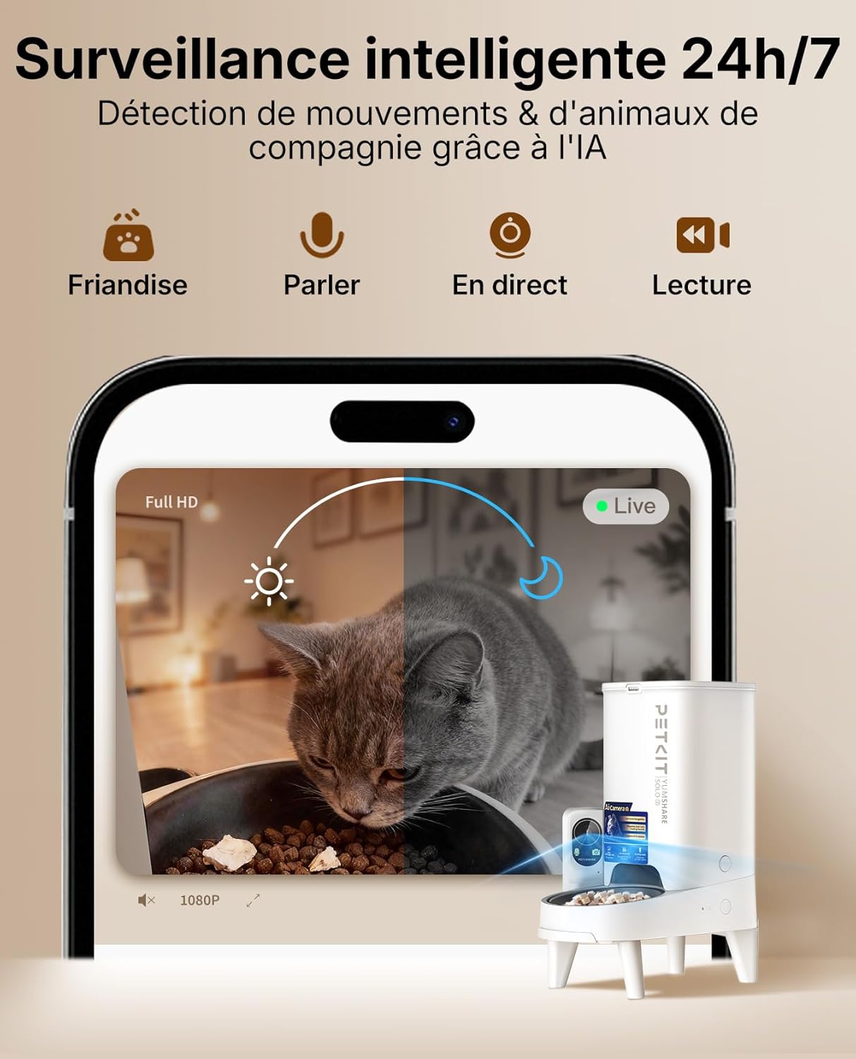 YumShare Solo 2 Distributeur Croquettes Chat Automatique avec Caméra, Reconnaissance faciale Multi-Chats, WiFi 2.4 GHz & 5GHz, Vision Nocturne, Contrôle Via App, Jusqu'à 5 Repas par Jour