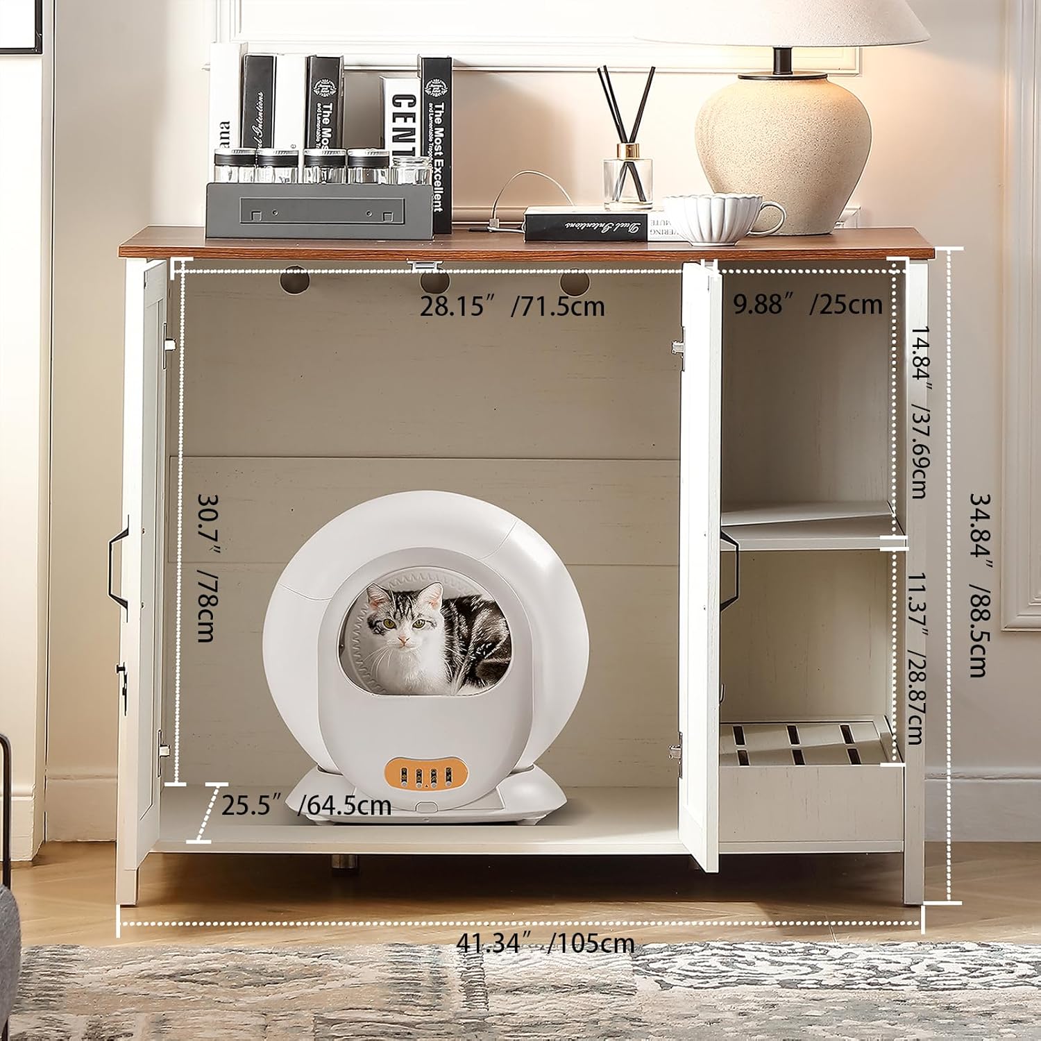 Cat Cabinet Litter Box Furniture Armoire à Chat Litière Box Meuble Grand Meuble Moderne 105 * 68 * 89 cm Maison pour Chat avec Porte et cloison séparée Blanc Antique Grande Blanc