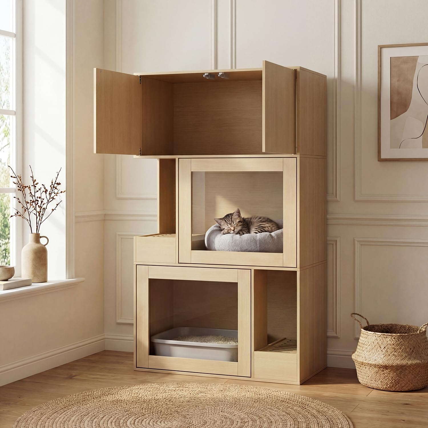 Armoire pour chat avec bac à litière à 4 portes Armoire pour chat avec compartiments ouverts Meuble Bac à Litière Chat Maison pour chat d'intérieur cachée Maison pour chat pour chambre à coucher salon