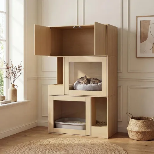 Armoire pour chat avec bac à litière à 4 portes Armoire pour chat avec compartiments ouverts Meuble Bac à Litière Chat Maison pour chat d'intérieur cachée Maison pour chat pour chambre à coucher salon