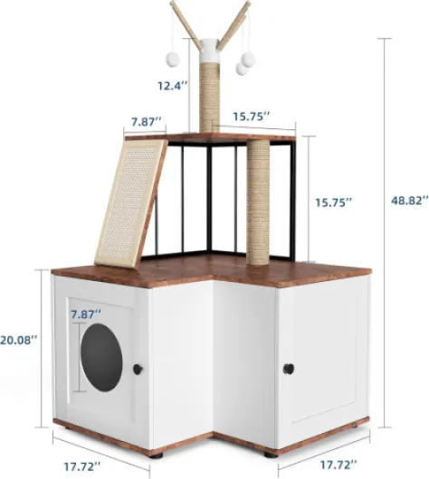 Arbre à chat avec armoire à litière, 124 cm, tour moderne pour chats d'appartement, meubles de toilette cachés, meuble pour chat tout-en-un avec troncs en sisal, balles en peluche Blanc