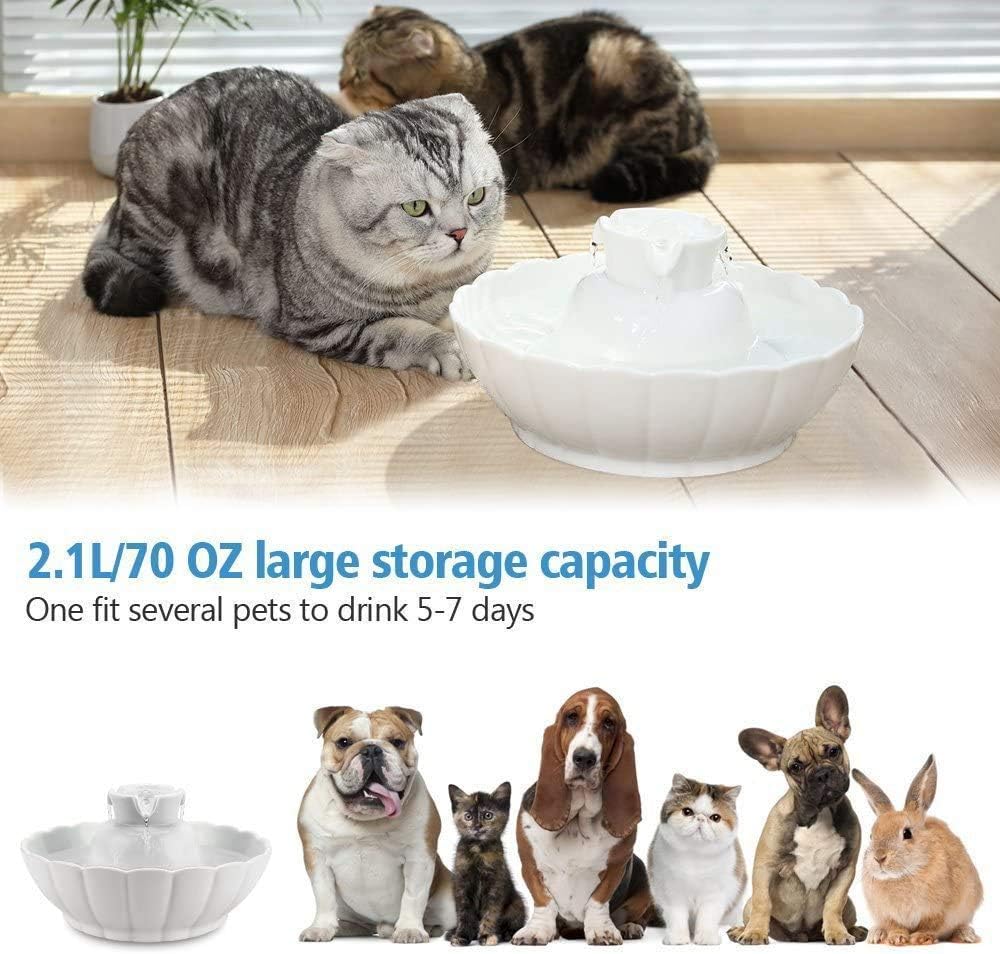 IPettie Fontaine en céramique pour Chat 2,1L - Fontaine en céramique - en Bonne santé - Super Calme - Facile à démonter/Nettoyer - filtres organiques Bon marché - avec Pompe de Rechange (Lotus Blanc)
