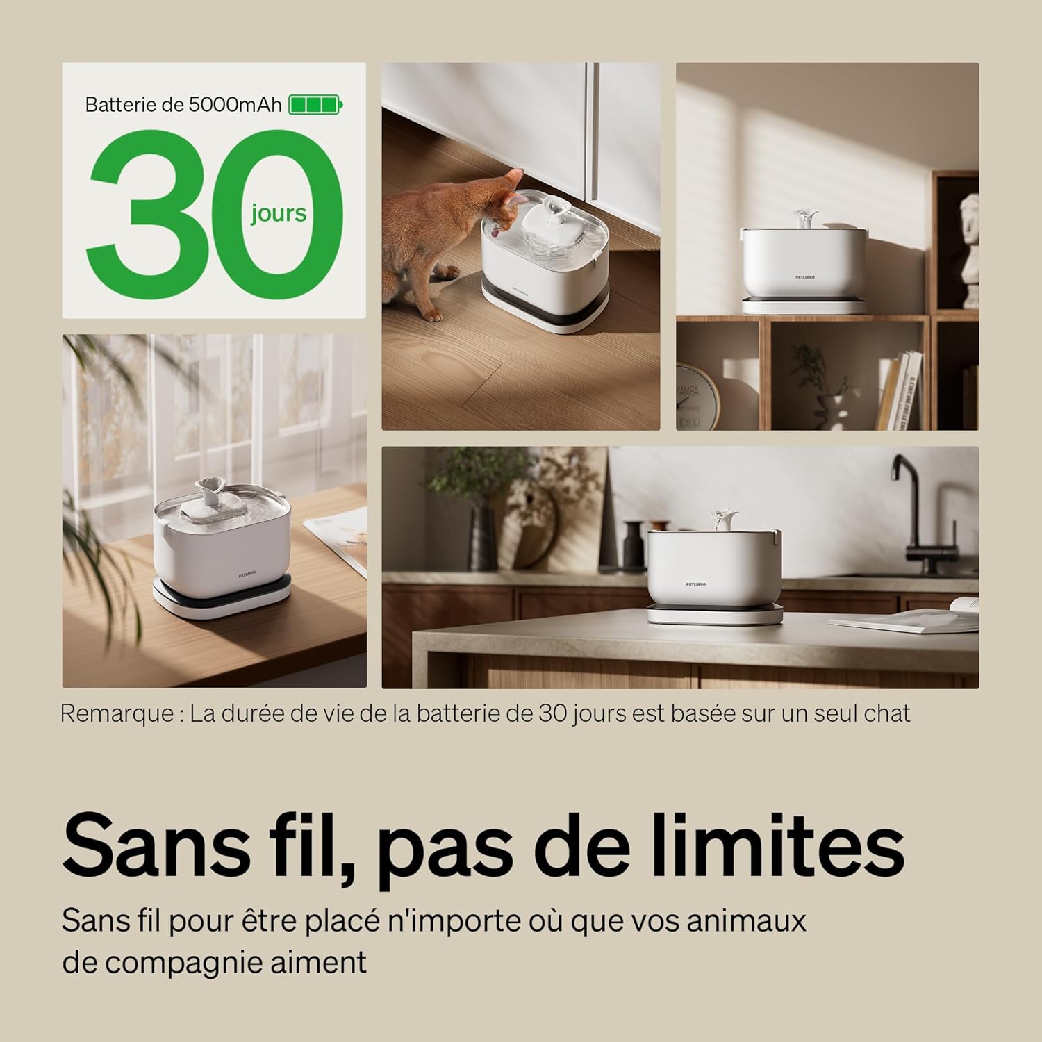 Fontaine a Eau Chat sans Fil avec Capteur de Mouvement, 2,5L Dockstream Fontaine à Eau pour Chat à Pile 5000mAh, 23dB Ultra Silencieuse, Facile à Nettoyer, sans BPA, Distributeur Eau Chat Blanc 2.5 L Sans fil rechargeable
