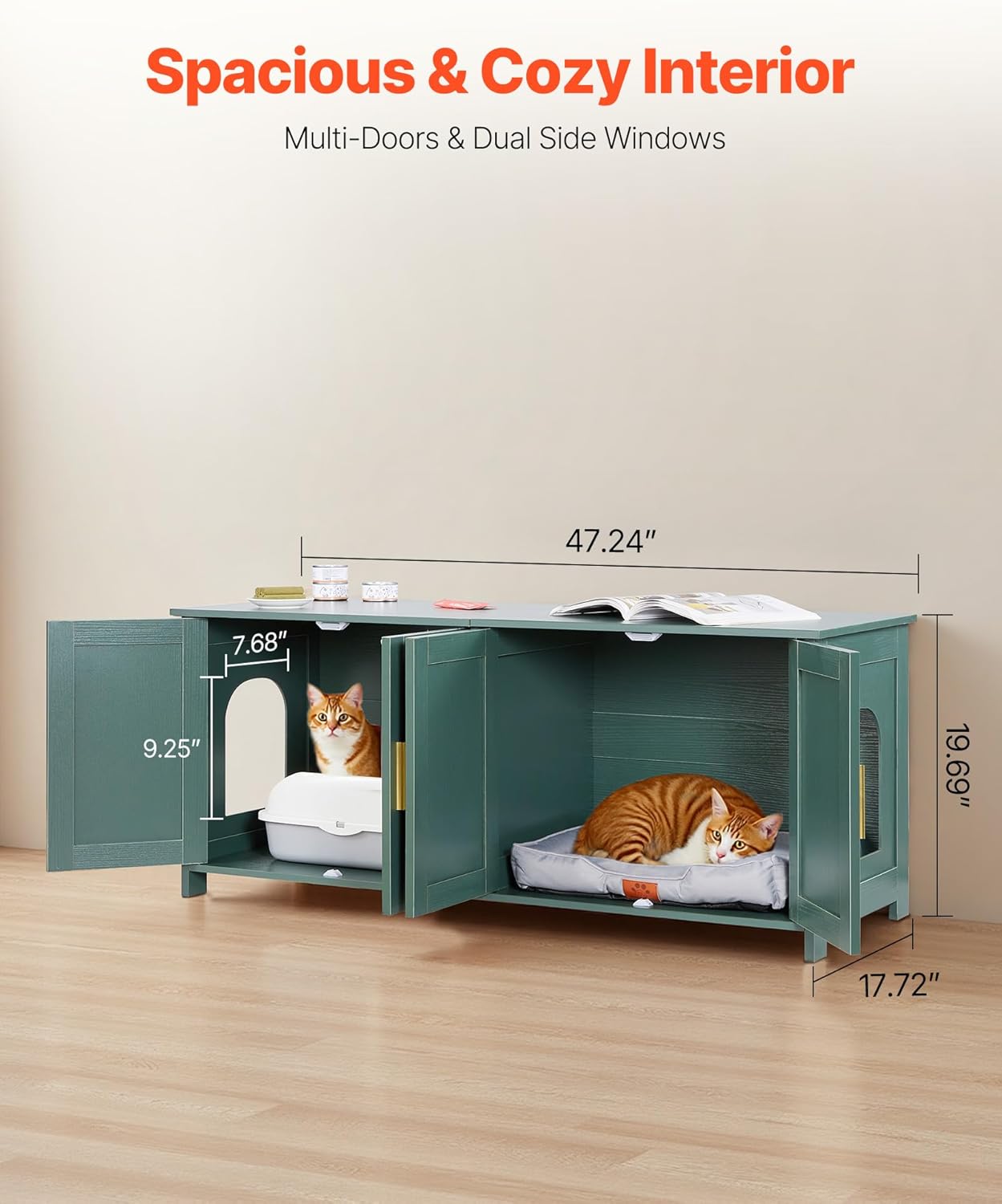 Meuble Bac à Litière Chat Armoire Cache Maison de Toilette de Chat Intérieur, avec 4 Portes et 2 Entrées, Niche Cache-litière en Bois, pour la Plupart Bacs à Litière Chats, 120x45x50 cm, Vert