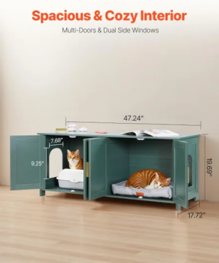 Meuble Bac à Litière Chat Armoire Cache Maison de Toilette de Chat Intérieur, avec 4 Portes et 2 Entrées, Niche Cache-litière en Bois, pour la Plupart Bacs à Litière Chats, 120x45x50 cm, Vert