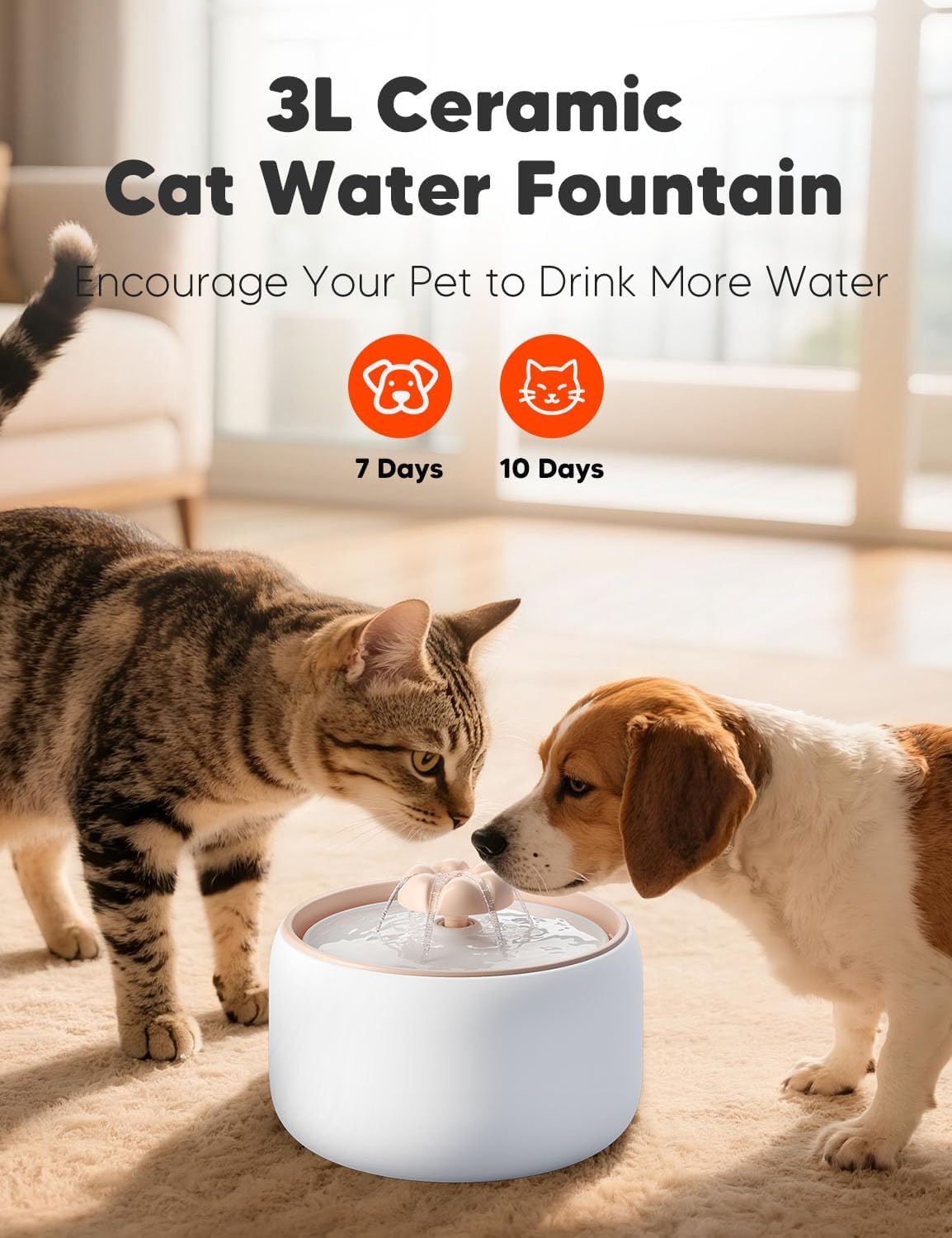 WOPET Fontaine à eau en céramique pour chat, 3 L, élégante fontaine à eau pour chat et chien, ultra silencieuse, facile à nettoyer et à assembler, blanc et orange
