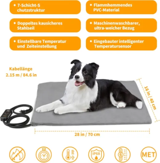 Toozey Chien Chat Tapis Chauffant 70*50cm, Coussin Chauffant électrique pour Animaux avec Couverture Crystal Velvet pour Chats et Chiens de Nouveau-né, de Petite Taille et de Personnes âgées, Gris-L Gris L 70 x l 50 x H 2 cm