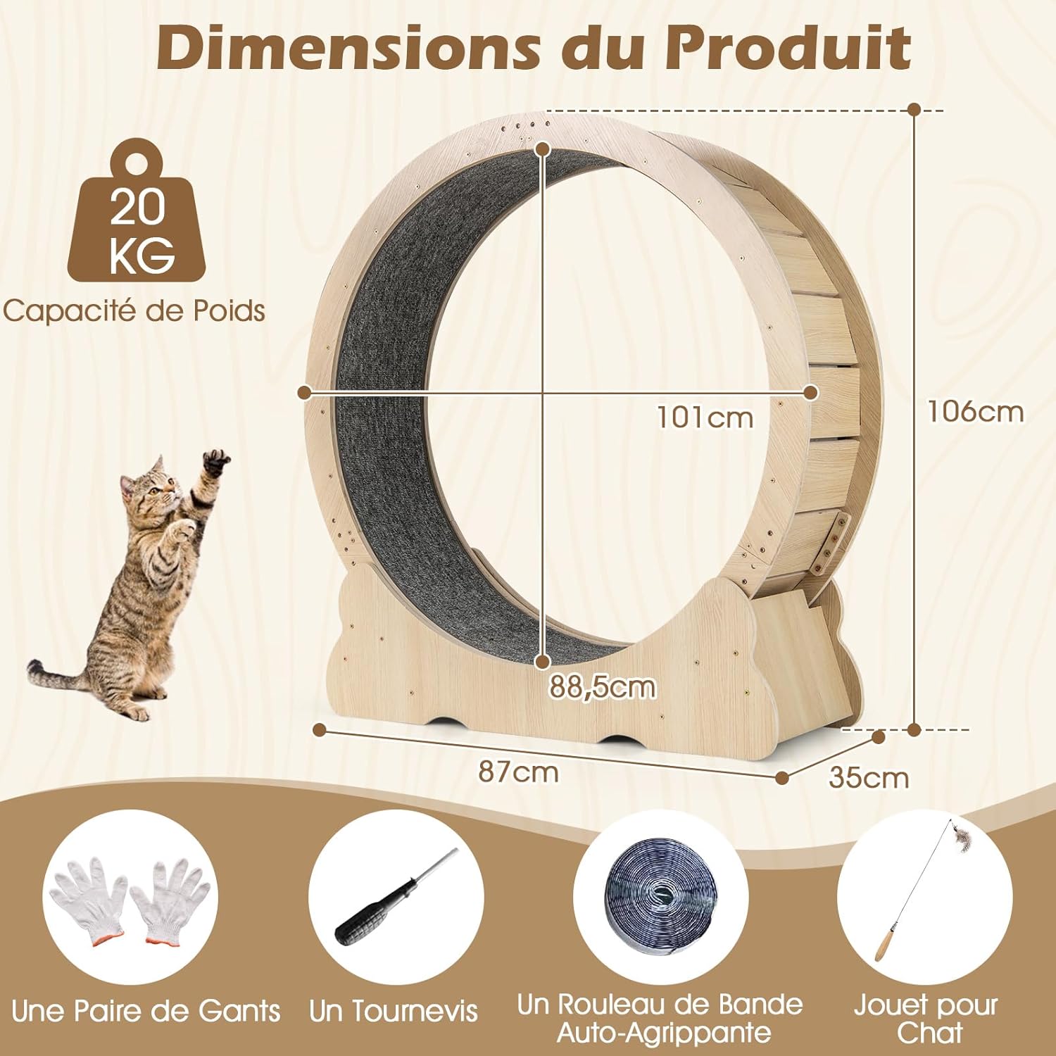 Roue pour Chat en Bois 101 cm, Mécanisme de Verrouillage, Tapis à Griffer Amovible Lavable, Roue d'exercice pour Chat Ultra Silencieux, Teaser pour Chaton, pour santé et Fitness, Charge 20 kg