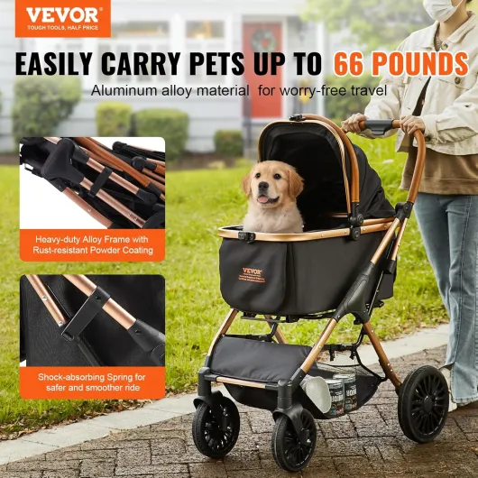 Poussette pour Chien Animaux de Compagnie 4 Roues Pivotantes avec Freins Capacité de Charge 30 kg Poussette Chat Support Amovible Panier Rangement Coussin pour Chiens Petite/Moyenne Taille, Noir for pets up to 30kg