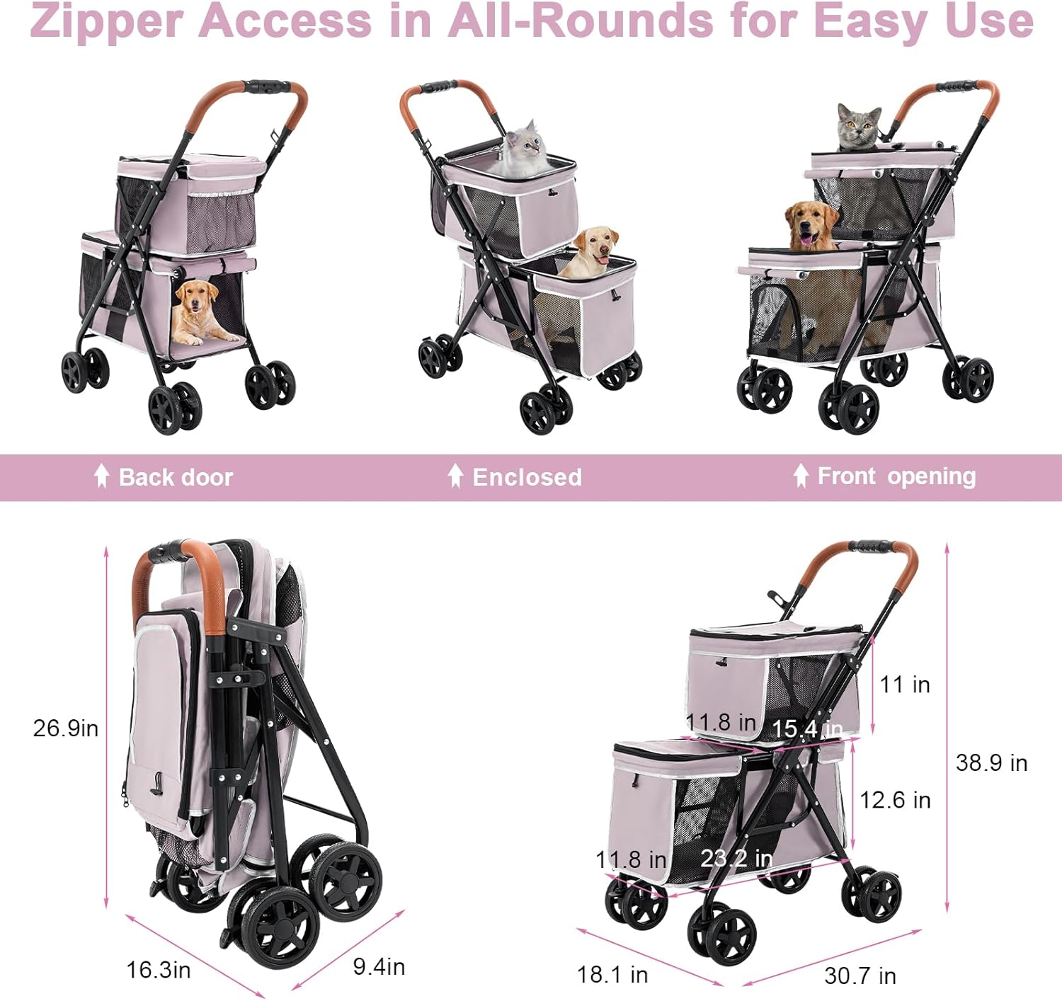 Poussette Chien Chat Pliable 2 Cages jusqu‘à 20kg, Roues Universelles Pivotantes, Poussette Voyage pour Deux Animaux, Rose