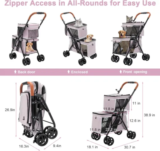 Poussette Chien Chat Pliable 2 Cages jusqu‘à 20kg, Roues Universelles Pivotantes, Poussette Voyage pour Deux Animaux, Rose