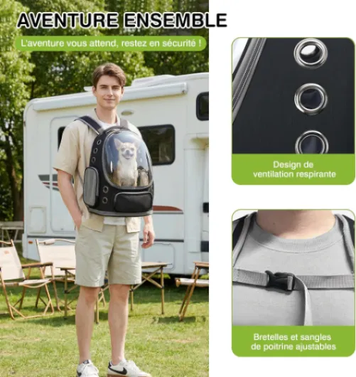 Sac à Dos Chat Respirant à Bulles, Sac à Dos Pliable pour Chats et Petits Chiens Jusqu’à 7.5KG, Transporteur Portable avec Crochet de Sécurité, pour Voyages et Camping (Noir Classique)