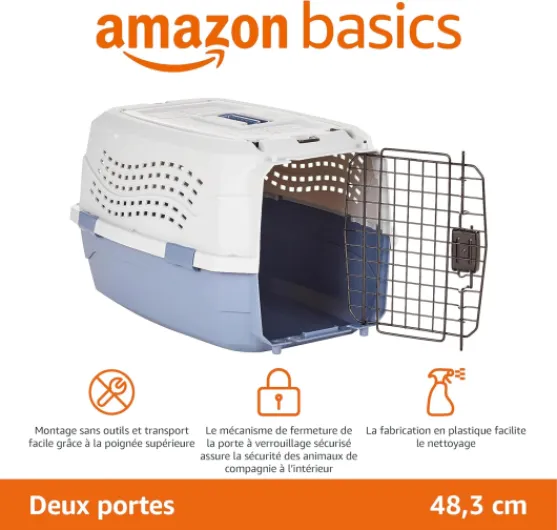 Caisse de transport pour Chat animal domestique 2 portes dont 1 sur le dessus, Bleu, L 48 x l 32 x H 25 cm