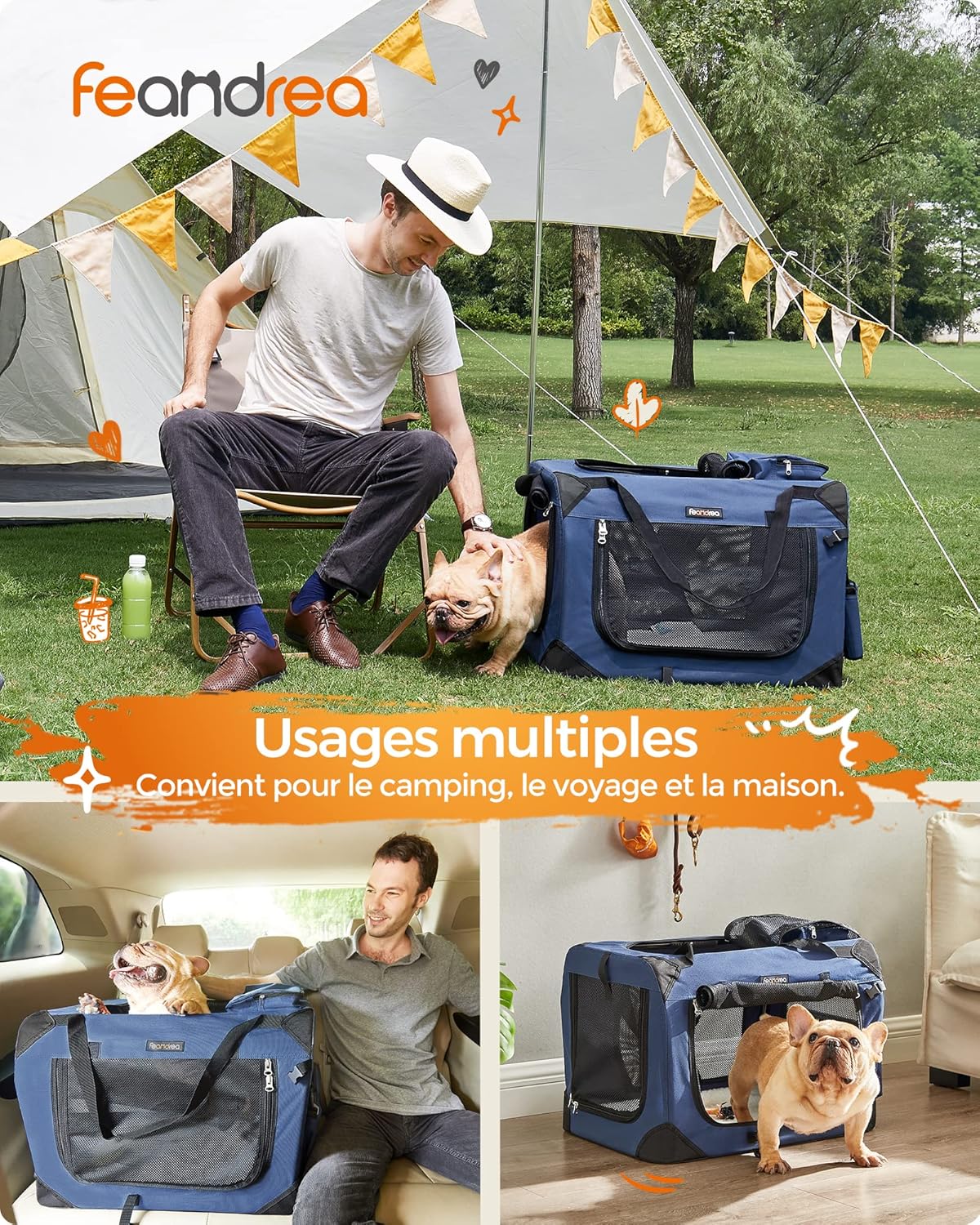 Sac Transport Chat Chien, Caisse Pliable Animaux de Companie, Taille M, Tissu Oxford, Filet, Respirant, Portable, Cadre en Métal, avec Poignées et Pochettes, 60 x 42 x 42 cm, Bleu Foncé Bleu Foncé L 60 x l 42 x H 42 cm