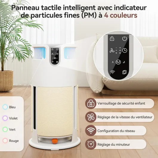 Purificateur d'air Intelligent pour Animaux – Contrôle APP， Air Purifier élimine 99,98% moisissures, poussières, pollens et poils - Griffoir et jouet inclus – idéal pour les foyers avec animaux