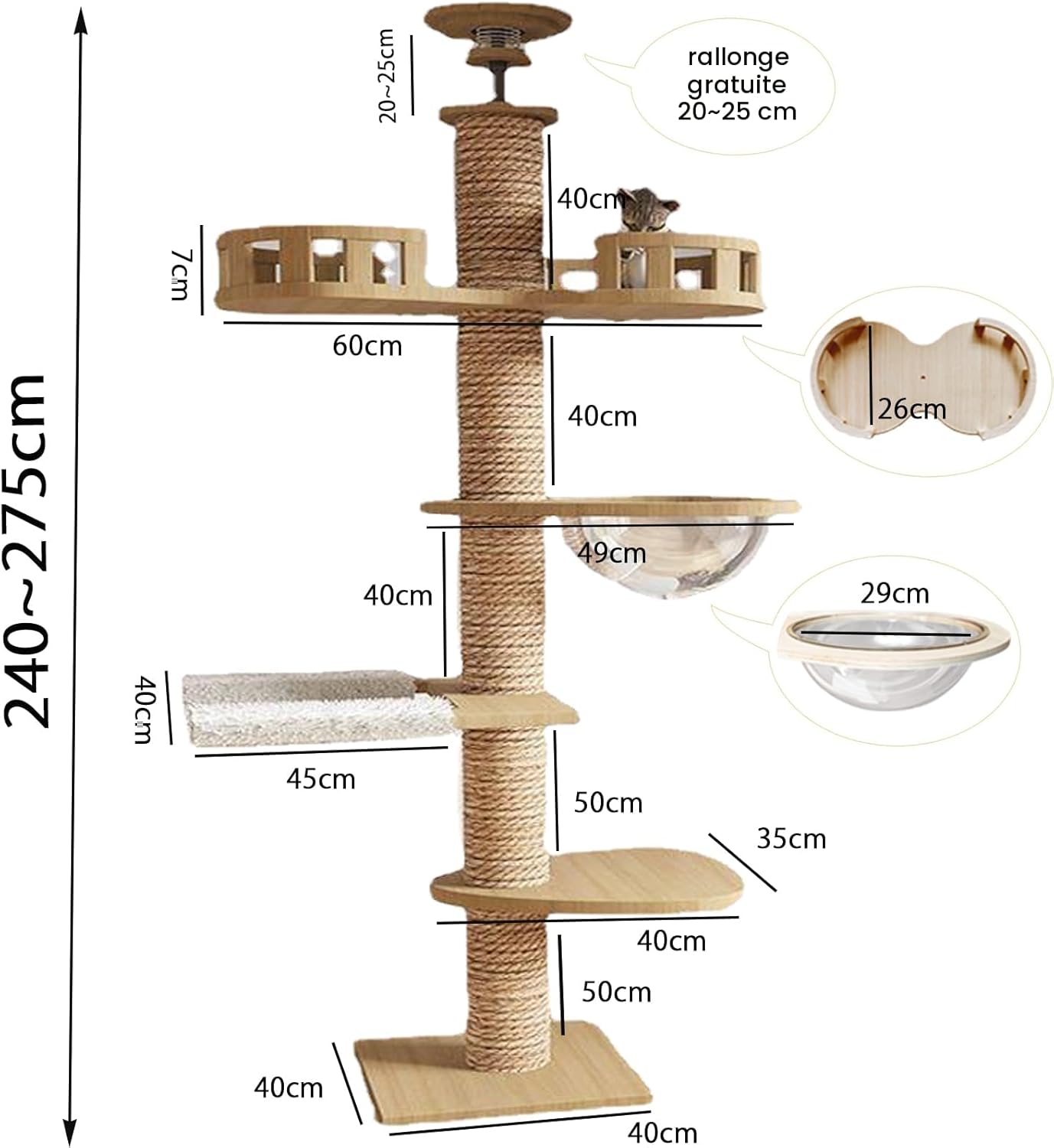 Arbre à Chat, tendeur de Plafond, Capsule Spatiale, hamac pour Chat, entièrement enveloppé de Corde en sisal, Largeur de 11 cm, Arbre à Chat Haut (240~250 cm, 265-275 cm) T01
