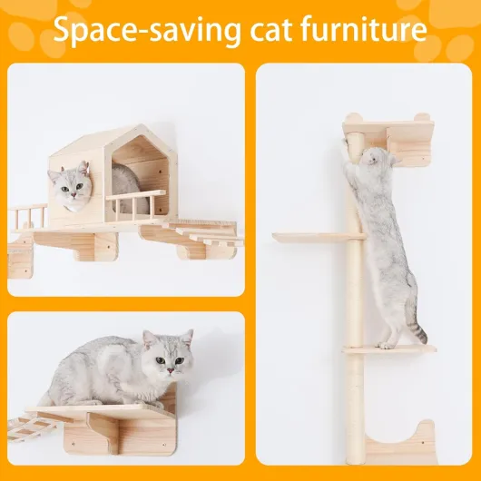 Kit d'escalade pour chat, étagères murales pour chats, avec 1 maison pour chat, 1 échelle de pont, 3 poteaux à gratter et 5 marches arbre à chat mural