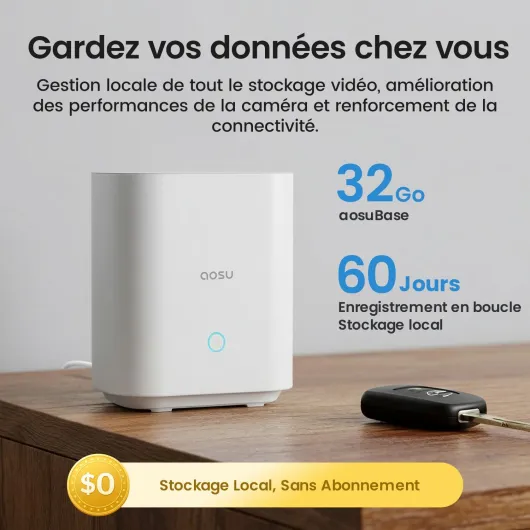 2K Caméra Surveillance WiFi Extérieure sans Fil, 4 Caméras et aosuBase 32GB Stockage Local, Aucun Abonnement Requis, Détection PIR, Lumière Vision Nocturne en Couleur, 2-Way Audio, Angle 166° 2K Caméra*4 + aosuBase