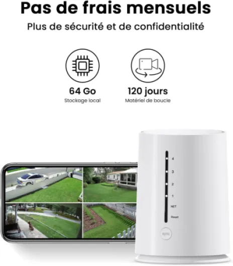 Q4 4MP Kit de Caméras de Surveillance Extérieures, Caméra Solaire WiFi Extérieure, sans Abonnement, Surveillance Humaine, 360° PTZ, Nocturne, 4 Caméras avec Station de Base, avec Carte 64 Go 4-Kam-Set