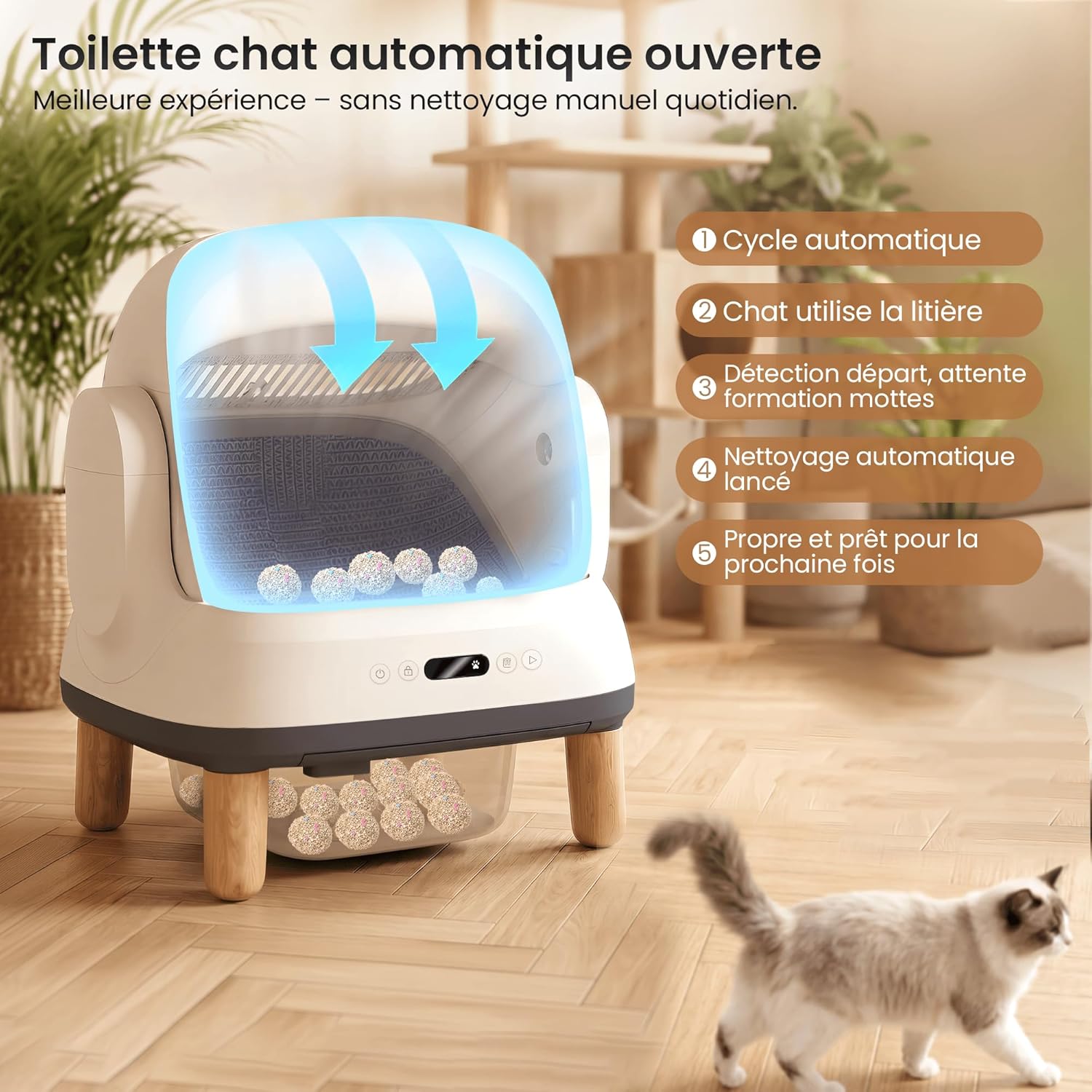 Litiere pour Chat autonettoyante avec 8 capteurs, étanchéité IPX5, litière Automatique Chat avec contrôle APP, litiere Chat Automatique XXL pour Grands Chats & foyers Multi-Chats