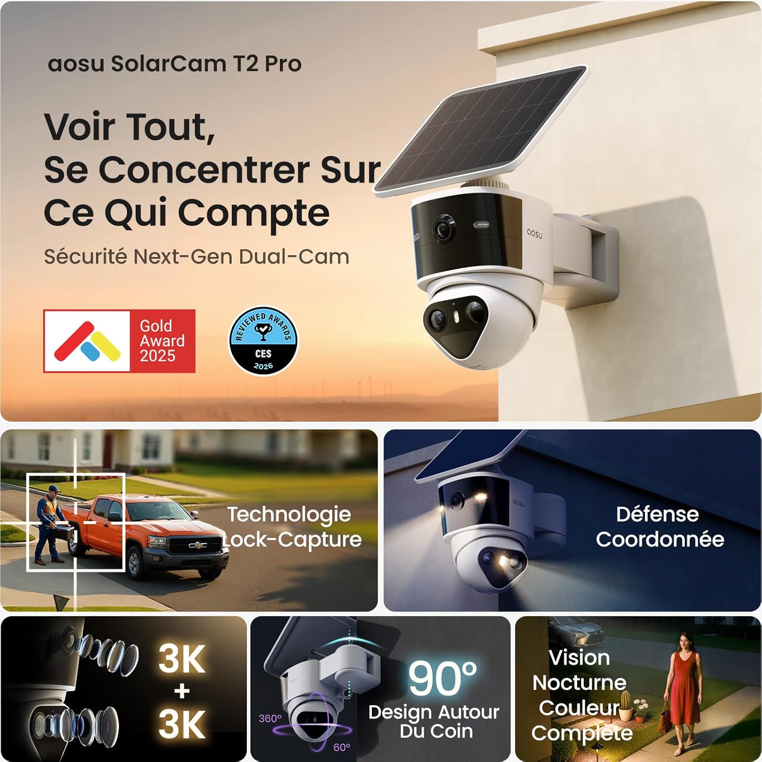 T2 Pro 3K Camera Surveillance WiFi Exterieure Sans Fil Solaire, Double Caméra 5MP 360° PTZ + 170° Grand Angle Sans Angle Mort, Zoom 8X Vision Nocturne TrueColor, Détection IA et Suivi Automatique