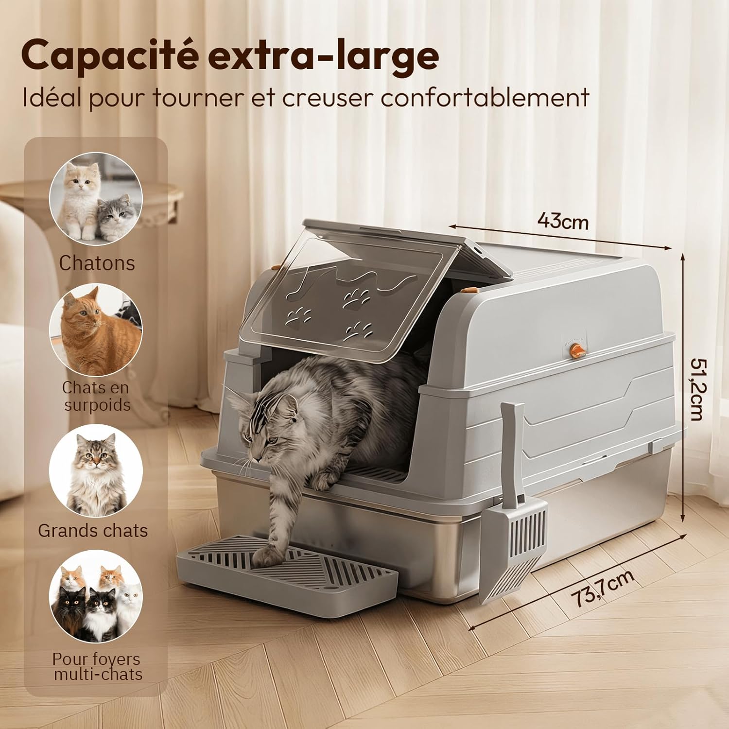 Bac à Litière pour Chat XXXL 120L, Grand Bac en Acier Inoxydable 3 en 1 Modèle Réglable, Couvercle Rabattable à 150°, Anti-Rayures, Anti-Fuites, Plateau Anti-Sable pour Chats Adultes et Plusieurs Chat