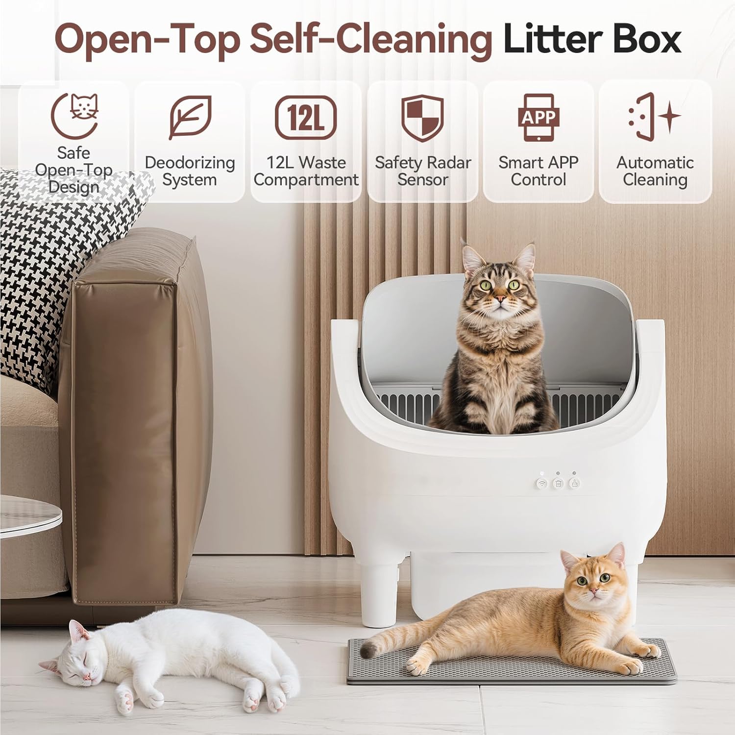 JUMMICO Litiere Chat Autonettoyante XXL, 8 capteurs de sécurité, Litiere autonettoyante Contrôlée par APP, XXL 12L Capacité(15 Jours) Autonettoyant, Design Ouvert, Convient aux Chats Jusqu'à 15 kg