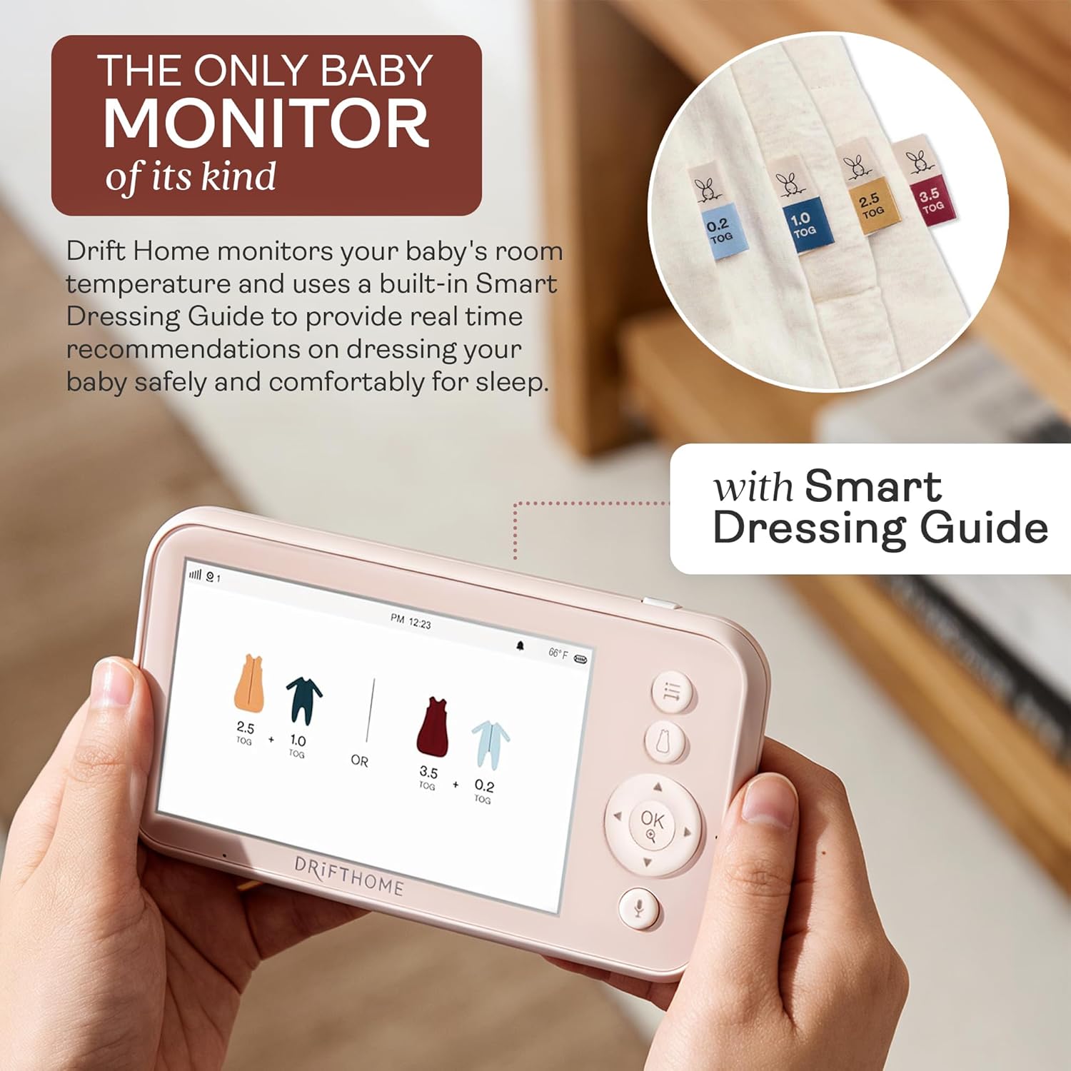 Moniteur bébé Drift Home et guide Smart TOG – Moniteur non Wi-Fi avec suivi du sommeil, veilleuse et guide de pansement intelligent TOG pour un sommeil plus sûr