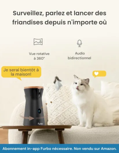 Caméra pour Chat Furbo 360° [Pack Sécurité Premium - Abonnement requis] Caméra Intelligente conçue pour Les Chats avec Jouet en Plumes, détection de vomissements et de miaulements, Urgence à Domicile Caméra pour Chat - Abonnement Requis