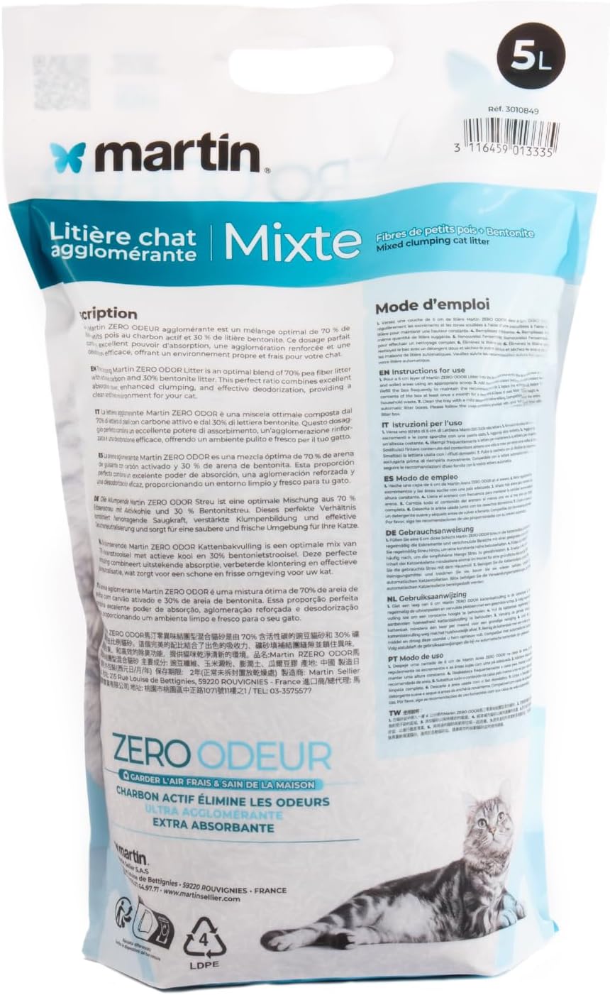 Litière Agglomérante Naturelle Chat Martin Zero Odeur 5 L - 4 Sacs de 5L - Charbon Actif & Bentonite - Anti-Odeurs, Ultra Absorbante, sans Poussière, Maison Fraîche et Saine