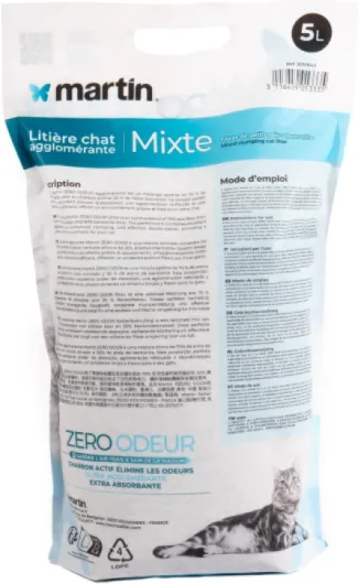 Litière Agglomérante Naturelle Chat Martin Zero Odeur 5 L - 4 Sacs de 5L - Charbon Actif & Bentonite - Anti-Odeurs, Ultra Absorbante, sans Poussière, Maison Fraîche et Saine