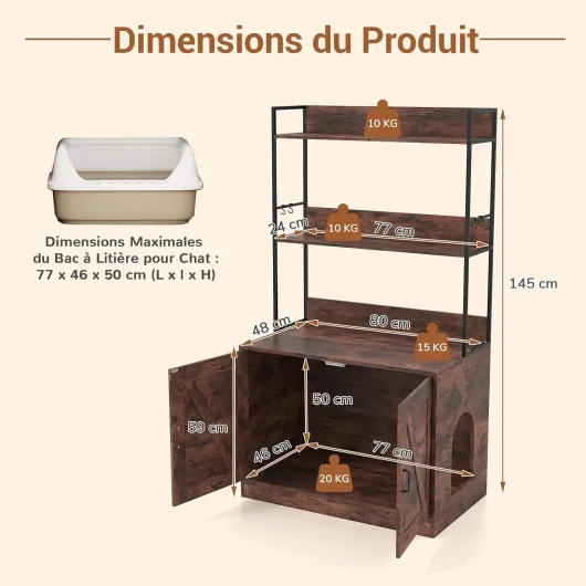 Meuble Litiere Chat, 3 Étagères de Rangement, 4 Crochets, Maison pour Chaton à 2 Portes, Entrée Latérale, Barrières Latéraux et Arrière, Maison de Toilette Chat, 80 x 48 x 145 cm (Industriel)