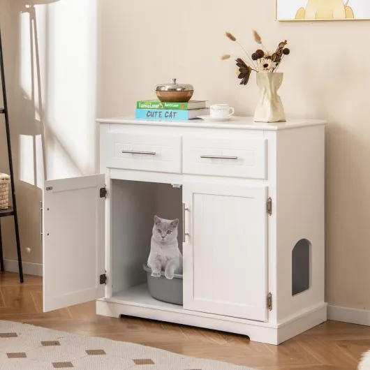 3 en 1 Meuble Litière pour Chat, Maison de Toilette en Bois pour Chat avec 2 Tiroirs, Portes Doubles et Entrée Latérale pour Chaton d'Intérieur pour Salon, 80 x 45 x 80 cm, Blanc