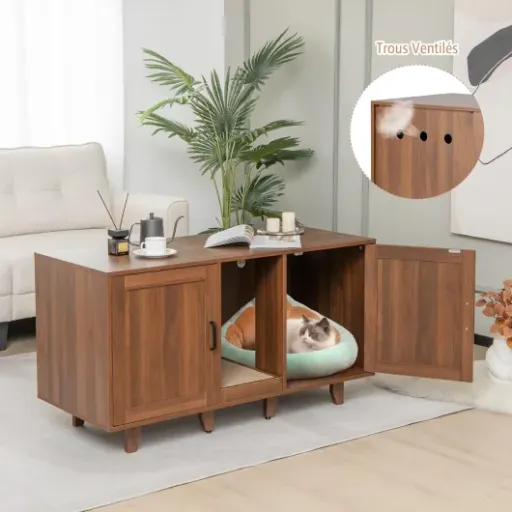 Test COSTWAY Meuble Litière Chat en Bois : le banc TV qui cache (vraiment) le bac du chat