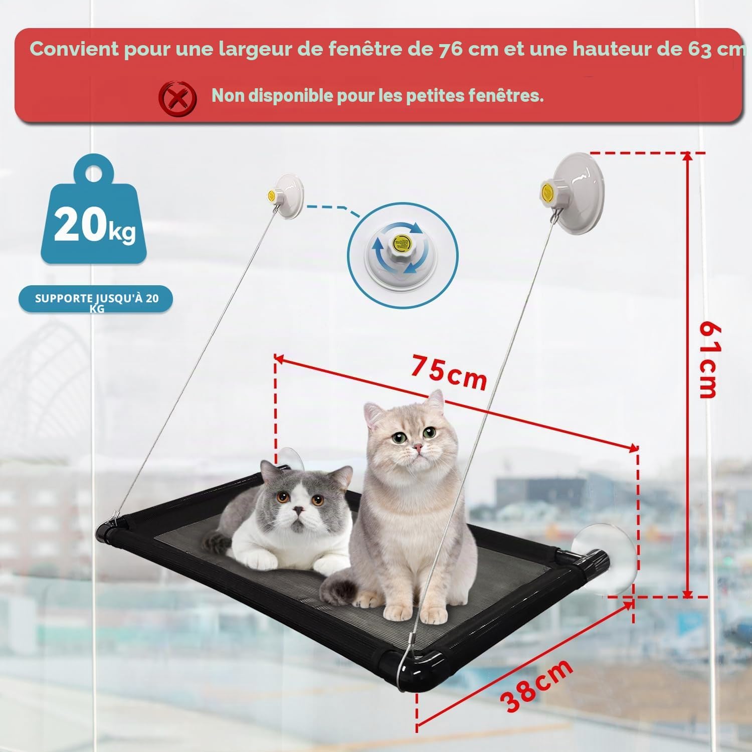 Hamac Chat fenetre，pour Grands Chats jusqu'à 20 kg，Bain de Soleil，Lit pour Animaux de Compagnie，pour Grandes fenêtres，Convient aux fenêtres d'une Longueur ≥ 74 cm et d'une Hauteur ≥ 64 cm L-68*38*58cm
