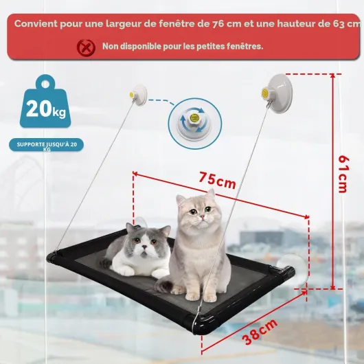 Hamac Chat fenetre，pour Grands Chats jusqu'à 20 kg，Bain de Soleil，Lit pour Animaux de Compagnie，pour Grandes fenêtres，Convient aux fenêtres d'une Longueur ≥ 74 cm et d'une Hauteur ≥ 64 cm L-68*38*58cm